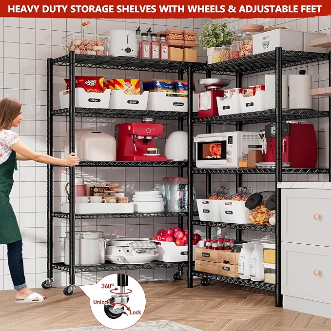 REIBII 5 Tier Storage Shelves with Wheels,1980LBS Metal Shelving for Garage | 25mm thickened pipes, 396 lbs/shelf, lock casters or switch to leveling feet, tool-free setup, fits pantry & kitchen