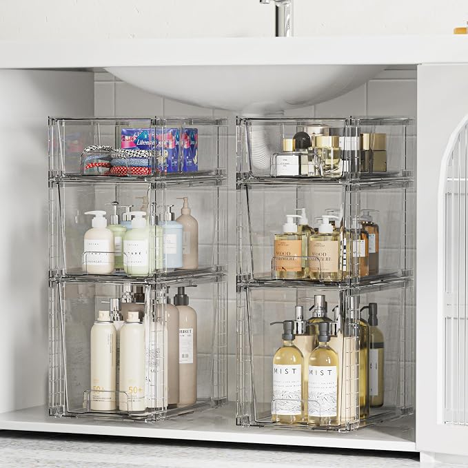 Vtopmart 3 Pack Clear Stackable Storage Drawers,Easy to Assemble Bathroom Organizers and Storage with handles,Plastic Drawers for Kitchen Pantry,Cabinet,Under Sink Organization | Tall, Medium and Small Pull-Out PET Drawers with Stackable Design for Bat...