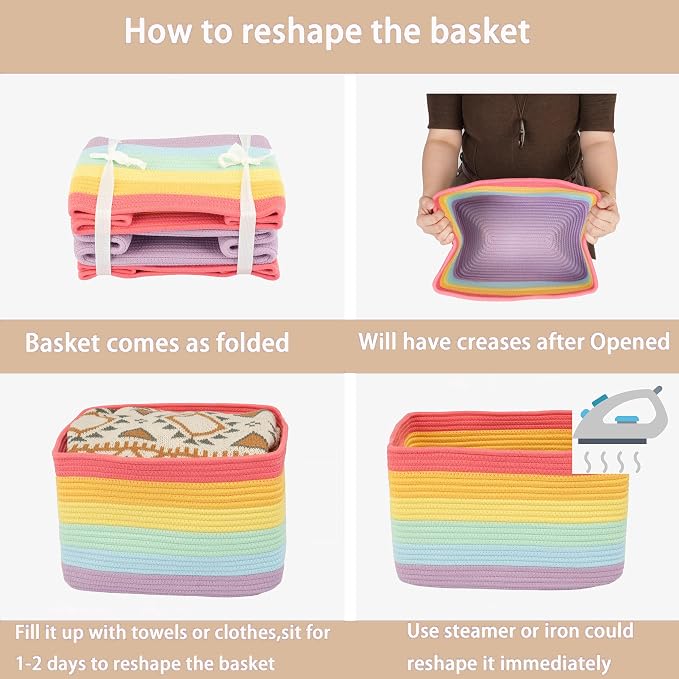XUANGUO Woven Cotton Rope Storage Baskets 15x10x9.3" 3 Pack Rainbow | Colorful storage baskets for shelves and playrooms; toy storage bins organize kids' toys, books, clothes and nursery items.