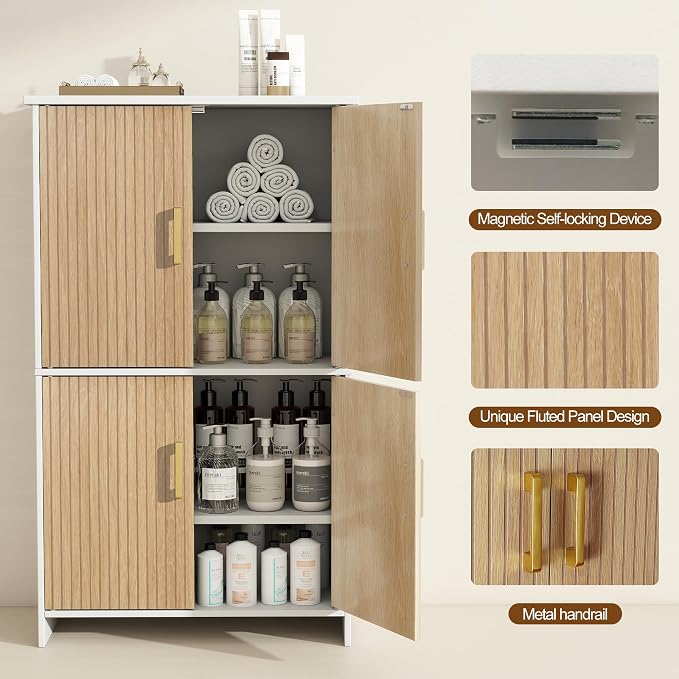 Bathroom Storage Cabinet, Floor Cabinet with 4 Fluted Doors and 2 Adjustable Shelves Wooden Tall Freestanding Organizers and Storage,White