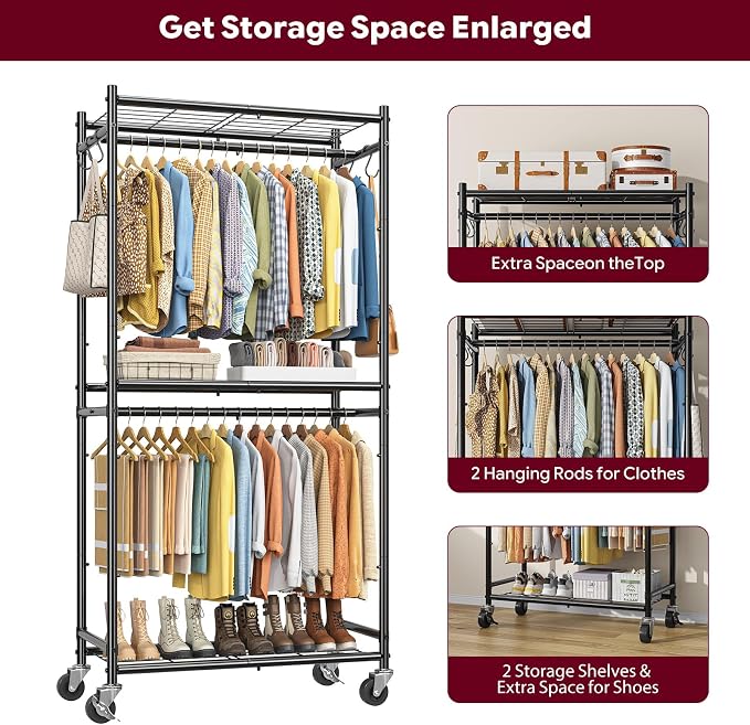 Simple Trending Clothing Rack, Portable Closet, Clothes Rack, Black | Wardrobe Closet with Mesh Shelves & Hooks, Metal Garment Rack, 360° Lockable Wheels, Multi-Functional, for Bedroom, Laundry