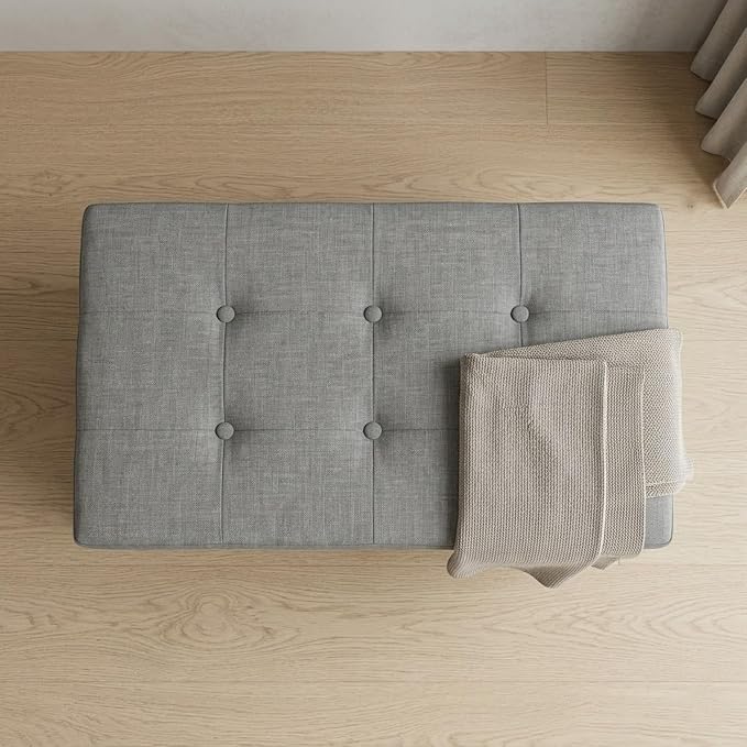 HOME DESIGN Florence 30" Upholstered Folding Storage Ottoman Bench, Tufted Top, Space-Saving Storage, Gray Linen Fabric