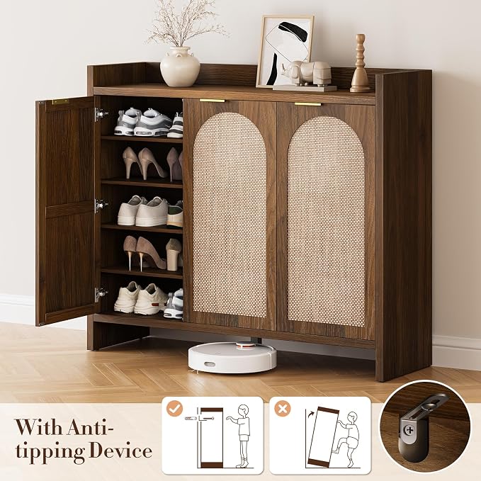 Shoe Cabinet Storage for Entryway - Rattan Accent Cabinet with 3 Doors & Adjustable Shelves, 6-Tier Large Wood Shoes Cabinets with Organizer Rack for Entry Way, Hallway, Living Room, Walnut