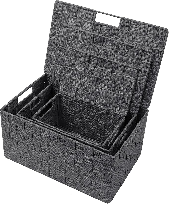 Sorbus Set of 3 Hand-Woven Storage Baskets with Lids – Mesh Organizers for Linen Closet, Shelves, or Home Storage – Variety Pack (Gray)