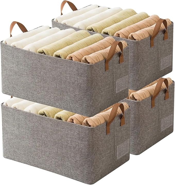 AARAINBOW Linen Closet Organizer Storage Bin with Steel Frame, Stackable Fabric Jeans Baskets for Shelves, 4 Packs Foldable Wardrobe Clothes Box for Sweater Pants Towel Shirt Storage, 23L Gray