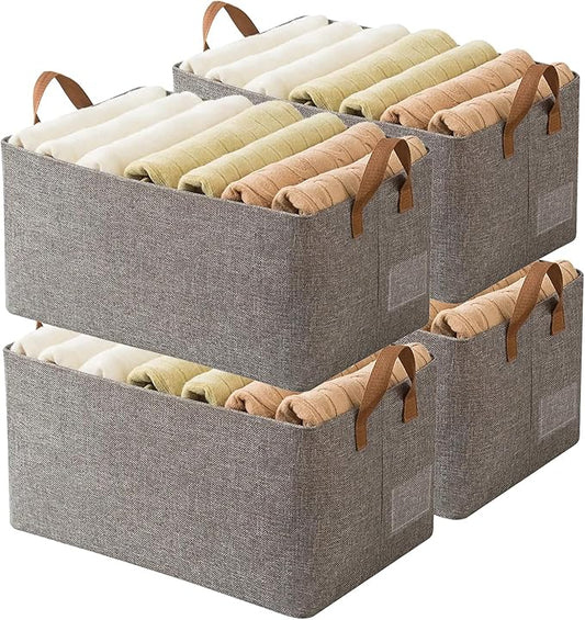 AARAINBOW Linen Closet Organizer Storage Bin with Steel Frame, Stackable Fabric Jeans Baskets for Shelves, 4 Packs Foldable Wardrobe Clothes Box for Sweater Pants Towel Shirt Storage, 23L Gray