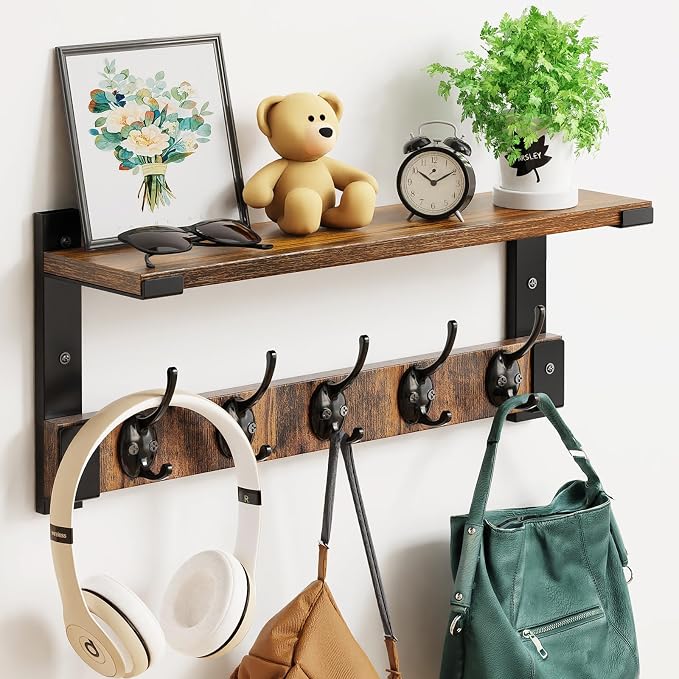 Oraich Wall Hooks with Shelf, Coat Rack Wall Mount for Coat Backpack Key Clothes Hanger, Wall Floating Shelf Hanging in Entryway, Living Room, Bathroom, Bedroom, Kitchen