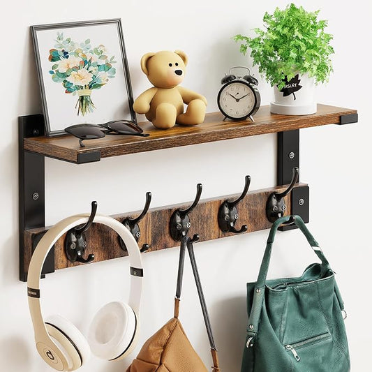 Oraich Wall Hooks with Shelf, Coat Rack Wall Mount for Coat Backpack Key Clothes Hanger, Wall Floating Shelf Hanging in Entryway, Living Room, Bathroom, Bedroom, Kitchen