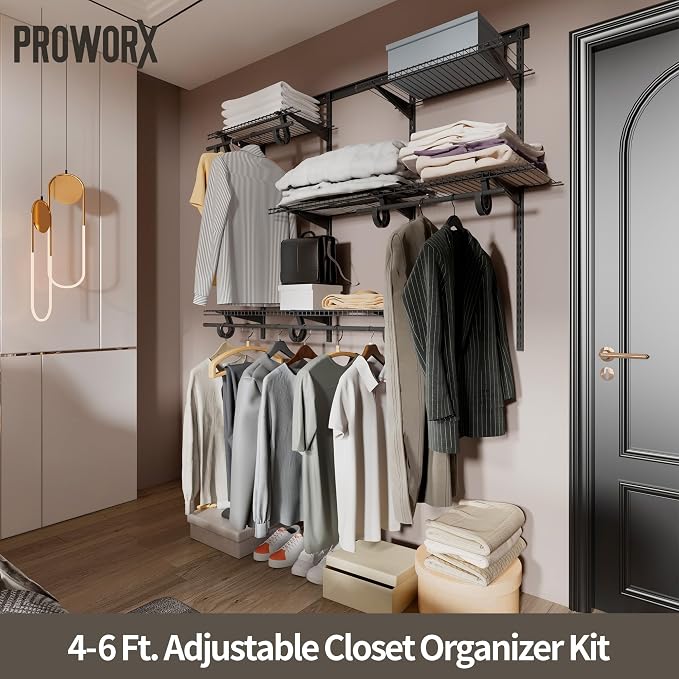 PROWORX 4-6 Ft. Charcoal Gray Custom Wire Closet Organizer System Kit | Adjustable Wall Mounted Metal Wire Closet Shelving System, Closet Shelves with Hanging Rods for Pantry Laundry Mudroom