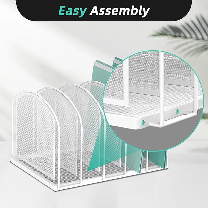 SUPEASY File Organizer 5-Section Mesh Desk Organizer, Upright File Organizer Desktop Organizer File Sorter, File Folder Holder for Office Supplies, White | 5 Vertical Compartments with Sturdy Metal Base for Office Documents Books Magazines and Laptop