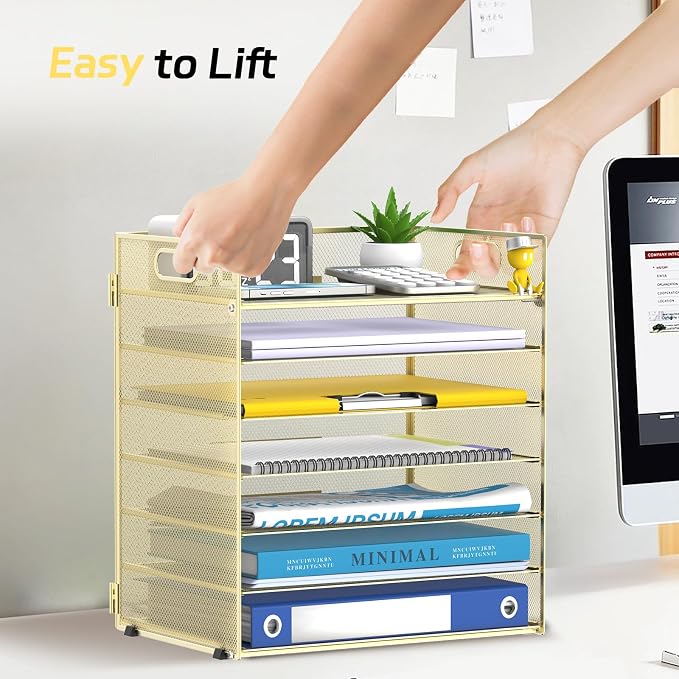 7 Tier Paper Organizer for Desk with Mesh Letter Trays and Handle Gold | Desk File Organizer with Handle for Sorting Papers, Files, Folders, Mail, Bills and Office Supplies
