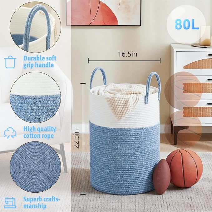 Laundry Basket,Woven Cotton Rope Laundry Hamper,80L for Decor Storage of Dirty Clothes,Toys and Blankets in Bathroom,Baby Room and Living Room