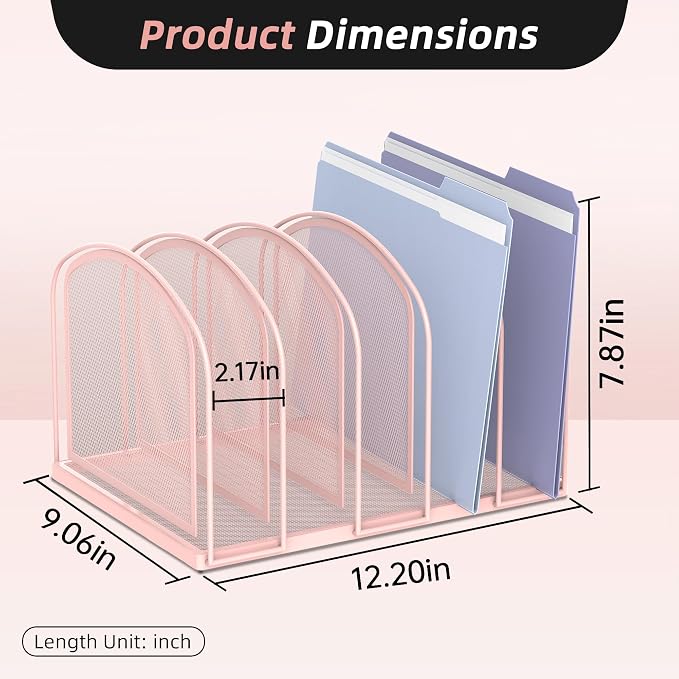 SUPEASY 5-Section File Organizer for Desk, Metal File Folder Holder, Pink | 5 Vertical Compartments with Sturdy Metal Base for Office Documents Books Magazines and Laptop