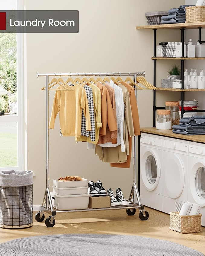 Sakugi Heavy Duty Stainless Steel Rolling Clothes Rack with Mesh Shelf, Lockable Wheels & Anti-Slip Stoppers, Large Capacity Clothing Organizer for Bedroom, Laundry Room, 42.5" x 16.5" x 65.9", Silver