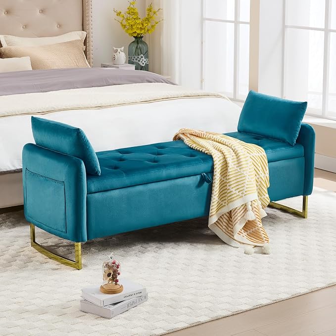 65" Storage Bench for Bedroom, Velvet End of Bed Bench, King Size Bed Benches for Foot with Tufted Button and Gold Legs, Upholstered Window Ottoman Benches with Armrests, Vintage Green