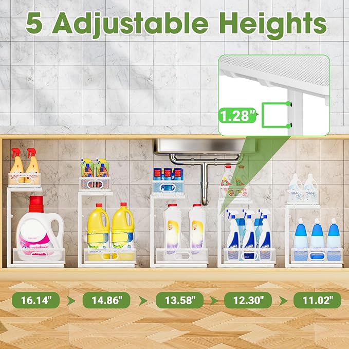 Under Sink Organizer 2-Pack, Metal 2-Tier Pull-Out Cabinet Shelf with Slide-Out Mesh Drawers, Height Adjustable, Space-Saving Under Sink Storage Racks for Kitchen, Bathroom, Laundry Room, White