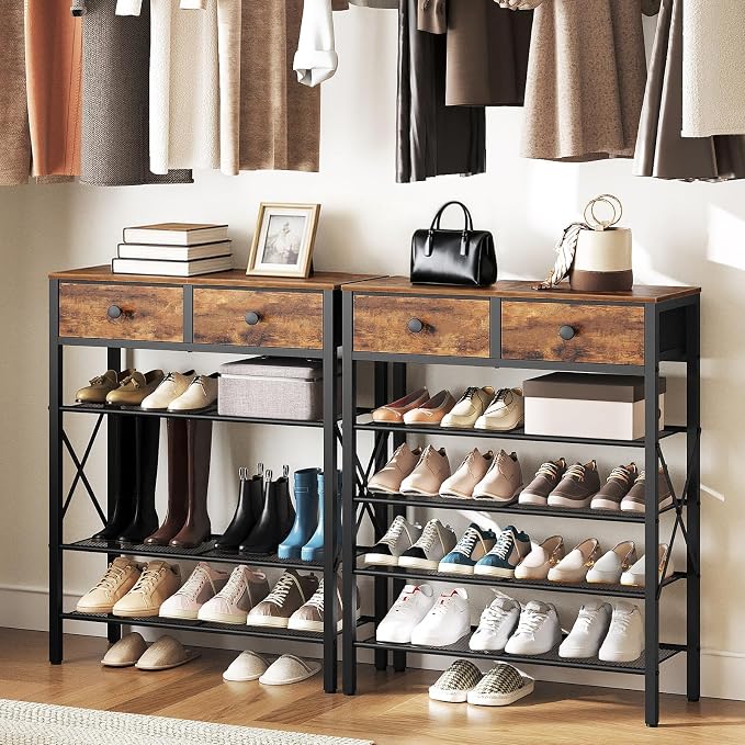 5 Tier Shoe Rack, Large Capacity Shoe Storage Organizer, Metal Shoe Shelf with Drawer and Wooden Top, for 20 Pairs of Shoes, for Entryway, Closet, Rustic Brown and Black SS25BRY1N1