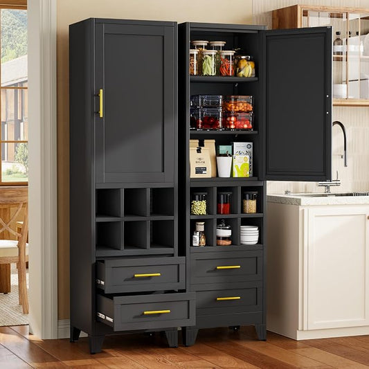 Tall Metal Narrow Storage Cabinet 67" H with 2 Drawer,Black Kitchen Pantry Cabinets with 2 Adjustable Shelves and Door,Cuby Storage Orgainzer,Tall Bathroom Cabinet for Kitchen, Home Office,Dining Room