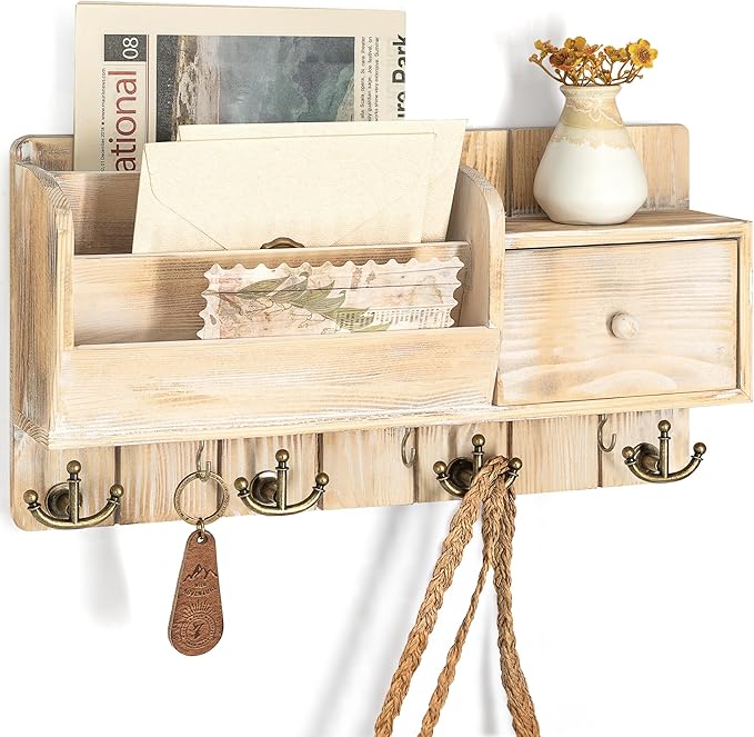 Rebee Vision Key Holder Wall Mount with Drawer for Entryway, Natural Wood | Pine Wood, with Drawer Storage, 7 Hanging Hooks, Letter Organizer, Key Holder for Wall, Home Essentials for Room Decor
