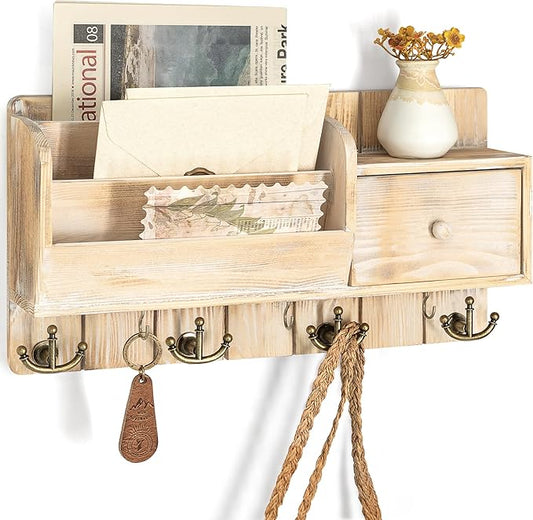 Rebee Vision Key Holder Wall Mount with Drawer for Entryway, Natural Wood | Pine Wood, with Drawer Storage, 7 Hanging Hooks, Letter Organizer, Key Holder for Wall, Home Essentials for Room Decor