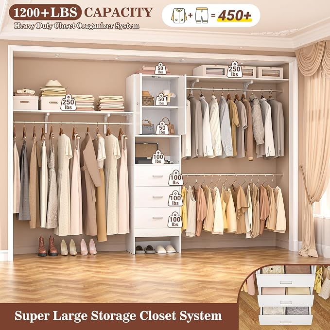 120 Inches Closet System With Doors, 10FT Walk In Closet Organizer with 3 Shelving Towers, Heavy Duty Clothes Rack with 3 Drawers, Built-In Garment Rack, White