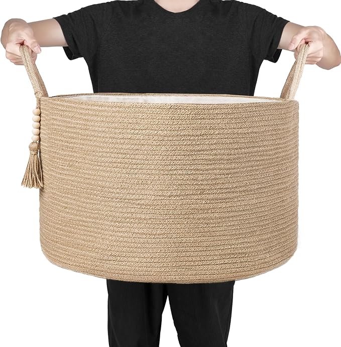 Mkono Extra Large Laundry Basket Woven Storage Baskets for Blankets Toys Clothes Organizer, Decorative Clothes Hamper 21.7" x 13.8" | Brown, Jute, Decorative Basket with Handle, Wood Beads Tassel, Shoes Towel Clothes Storage Bin, Living Room Bedroom Nu...