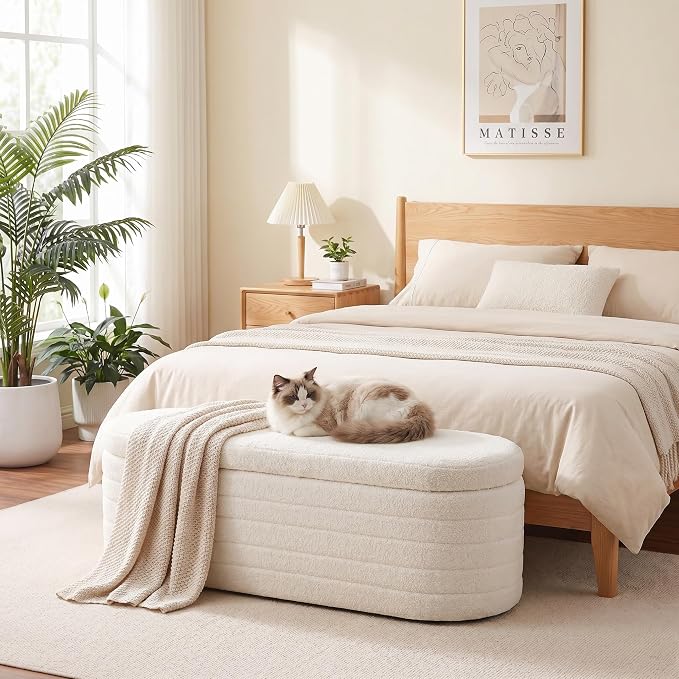 Teddy Sherpa Storage Ottoman Bench, Modern Upholstered Window Bench with Safety Hinge Lid, Oval White Ottoman for Living Room, Bedroom End of Bed