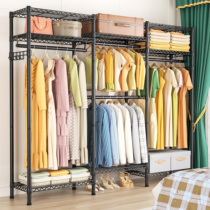 Golpart Heavy Duty Clothes Rack Metal Wardrobe with Adjustable Wire Shelves | Closet Organizers and Storage Clothing Rack Metal System Freestanding Hanging Clothes System Free Standing Garment Coat Racks