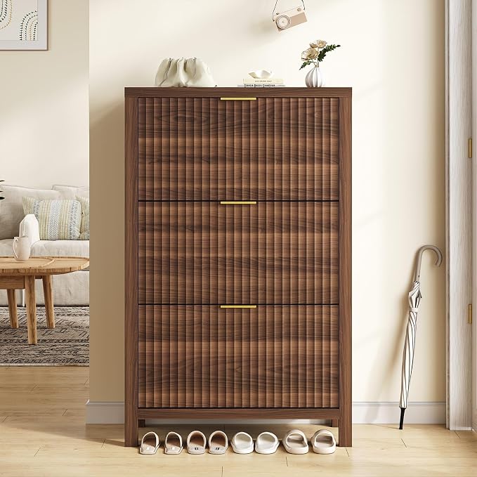 32" Fluted Shoe Cabinet Storage with 3 Flip Drawers for Entryway, Hallway | Hidden Shoe Rack Slim Freestanding Shoe Organizer with Legs for Hallway, Living Room, Walnut