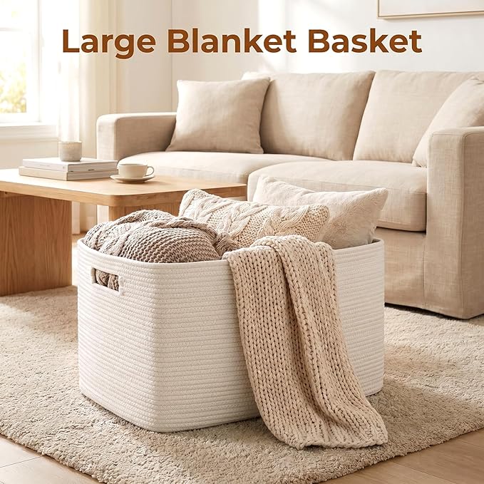 OIAHOMY 75L Large Blanket Basket, Woven Cotton Rope Baskets for Organizing, 22”x17”x12”, Blanket Basket living Room, Bedroom, Nursery, Dog Toy Storage Bins, White