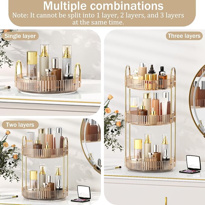 MOKANI 360 Rotating Makeup Organizer for Vanity, 3 Tier Perfume Organizer | Adjustable Multi-Function Spinning Cosmetics Skincare Storage for Bedroom, Dresser, Countertop, Amber