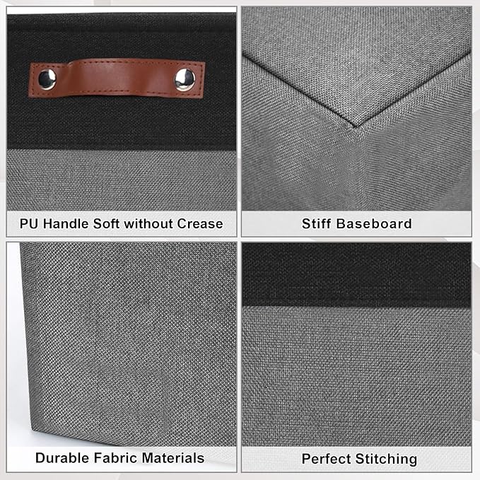 Bagnizer Collapsible Fabric Storage Cubes 11x11 Cube Storage Bins, 4 Pack Closet Baskets Box with Handles for Organizing, Shelf, Toys, Clothes, Home, Office, Nursery (Grey&Black)