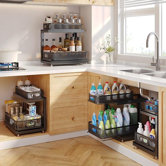 2-Pack Under Sink Storage Organizer with 2-Tier Slide Out Drawer, Sophisticated Mesh Pull Out Shelf for Kitchen & Bathroom, Fits Small Items, Upgraded Arched Track for Smooth Gliding(Patented)