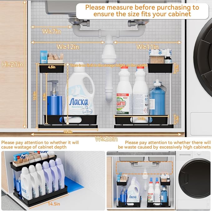 2 Pack 10.8″ High Pull Out Under Sink Organizer,14.5″ Deep 2 Tier Slide Out Cabinet Organizer for Kitchen Cabinet,Undersink Organizers,Under Sink Shelves,Bathroom Organizers and Storage,Black