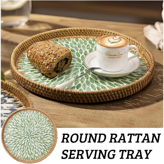 Round Rattan Tray with Mother of Pearl Inlay, Wooden Base | Coffee Table Serving Tray, Home Decorative Wicker Woven, for Outoor Patio Decor
