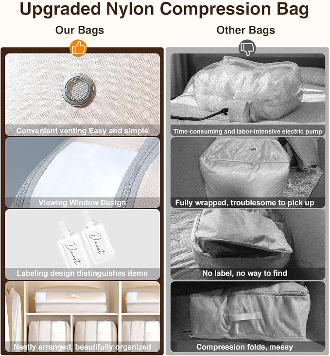 Homsorout 2 Pack Compression Storage Bags - 110L Large Capacity Comforter Storage Bag, 3-Layer Washable Ultra Space Saving Self Compression Organizer Space Bags for Blankets, Sweaters, Sheets, Beige