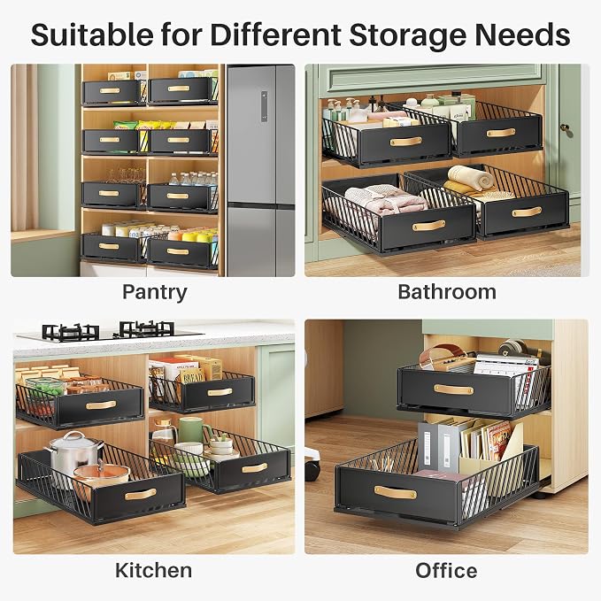 Pull out Cabinet Organizer,Heavy Duty Slide out Pantry Shelves Drawer Storage with Adhesive Nano Film,Sliding Mesh Cabinet Basket with Handle for Kitchen, Bathroom, Home, 15.8"W X 21"D X6.2"H,Black