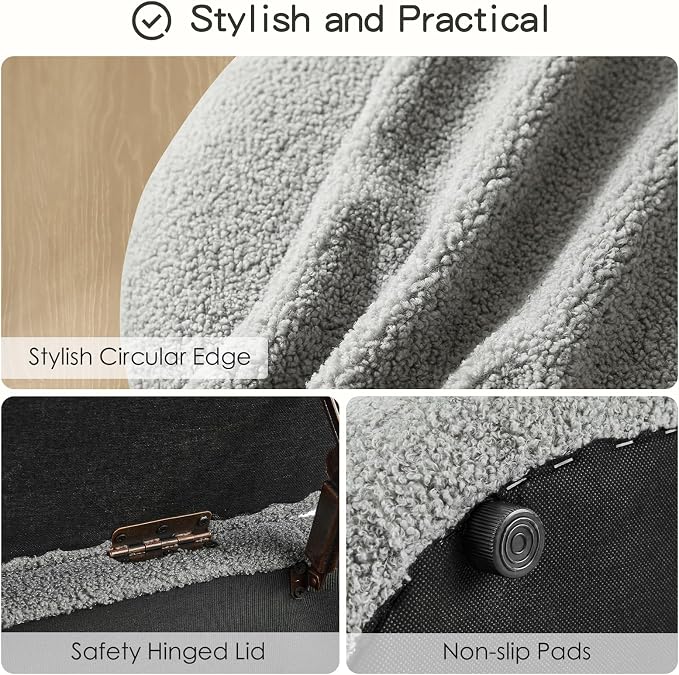 Storage Ottoman Bench, 45'' Upholstered Boucle Ottoman with Storage, Aesthetic Bedroom Bench for Living Room Entryway, Grey