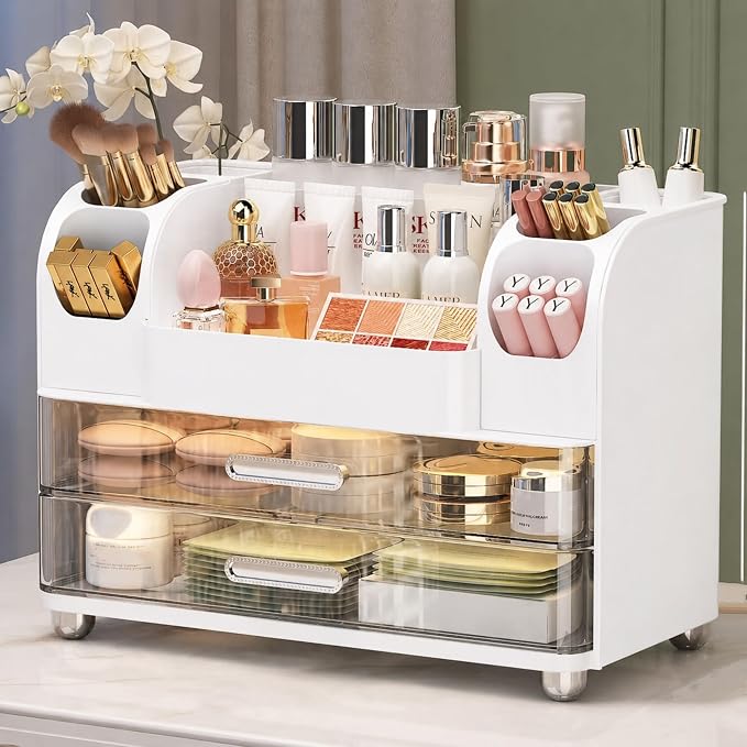 Large Makeup Organizer for Vanity - Perfume Cosmetic Display Cases | Skincare Organizers with 2 Drawers for Bathroom Dresser Desk, Easy to Store Brush Eyeshadow Lipstick Beauty Supplies, White