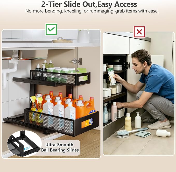 2 Pack Under Sink Organizer with Next-Gen Ball-Bearing Slides,2-Tier Pull Out Cabinet Storage,Height Adjustable Drawer Shelf for Bathroom,Kitchen,Laundry,Cabinet,Pantry(Patent Pending)