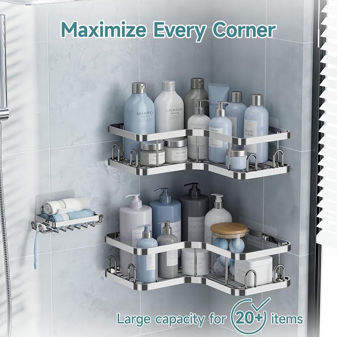 Veken Corner Shower Caddy 3-Pack, Advanced Rustproof Design&Stable Storage | No Drilling Adhesive Shelves, Rack with Soap Holder & Hooks, Thickened Metal Frame, Bathroom Organizers and Storage, Silver