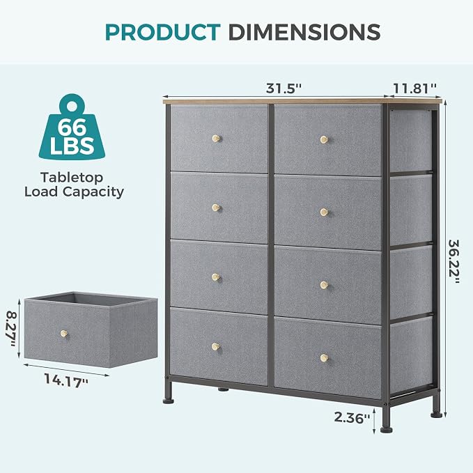 OLIXIS 8 Drawer Storage Dresser for Bedroom, Closet Organizers Units | Fabric Dresser with Wooden Top, Chest of Drawers Clothes Storage, Tower Cabinet, TV Stand Furniture, Gray Blue