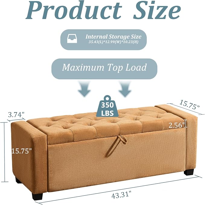 Royal Windsor Ottoman with Storage,Tufted Storage Bench with Safety Hinge,Holds up to 350 lb,Upholstered Bench with Seating for Bedroom, Living Room,Entryway,Ginger