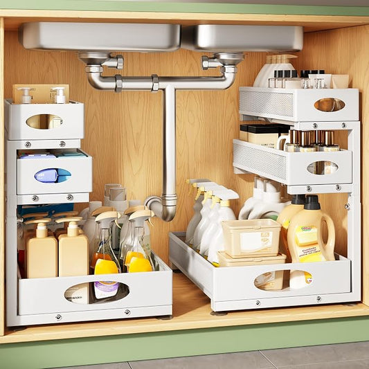 Kitstorack Under Sink Organizer 3-Tier Slide Out Drawer for Bathroom 2-Pack | Height Adjustable, Metal Mesh Storage Rack, Pull out Cabinet Organizer Shelf for Kitchen Pantry Home Laundry Organization