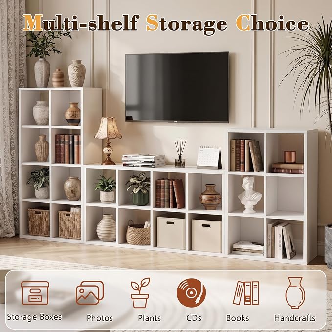 8 Cube Storage Organizer, White Cube Bookshelf, Multifunctional Bookcase | Open Storage Display Bookshelf, Modern Wood Open Bookcase, Display Shelf for Living Room Bedroom Home Office Entrance Hall