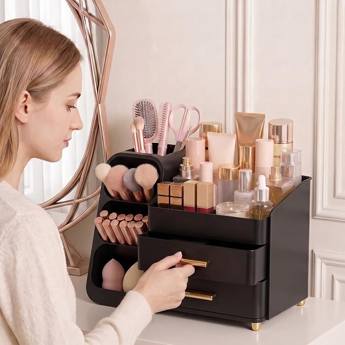 Large Capacity Makeup Organizer Countertop with Makeup Brush Holder for Vanity, Thickened Material, Bathroom Countertop Organizer Skin Care Perfumes Storage, Teen Girl Gifts for 12-23 Year