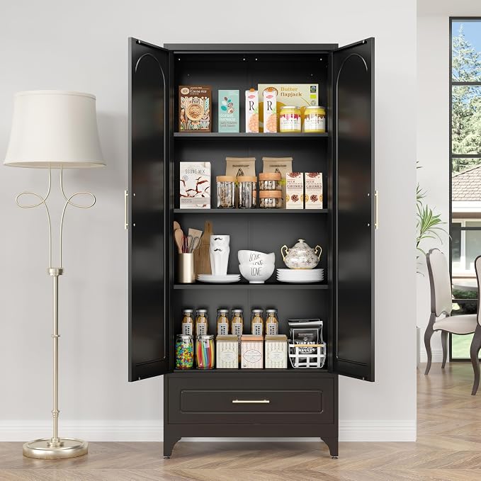 SteeLoong 75” Kitchen Pantry Cabinet, Metal Storage Cabinet with Drawer | Black Pantry Cabinets for Kitchen Storage with 3 Adjustable Shelves,Tall Freestanding Cupboard for Living Room,Kitchen,Garage