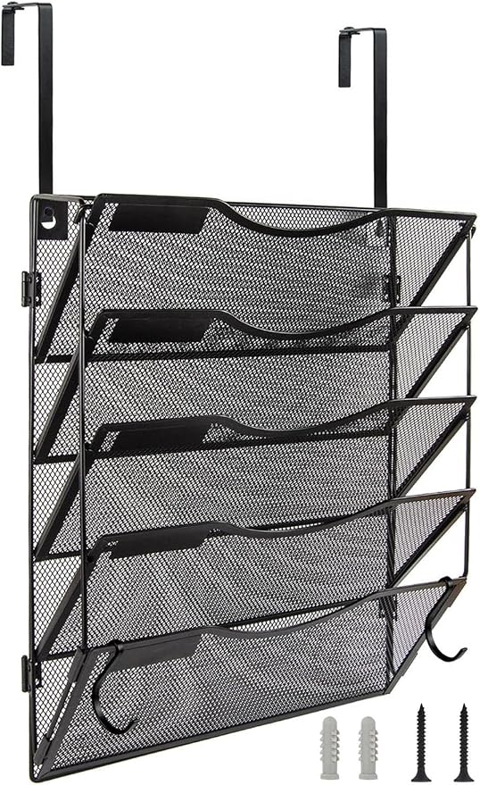 BOHDK Wall File Organizer 5 Pockets, Mail Organizer, Hanging Folder Holder, Foldable | Hanging or Wall Mounted | Label Panel | 2 Hooks | Office Home School Organizer, Black