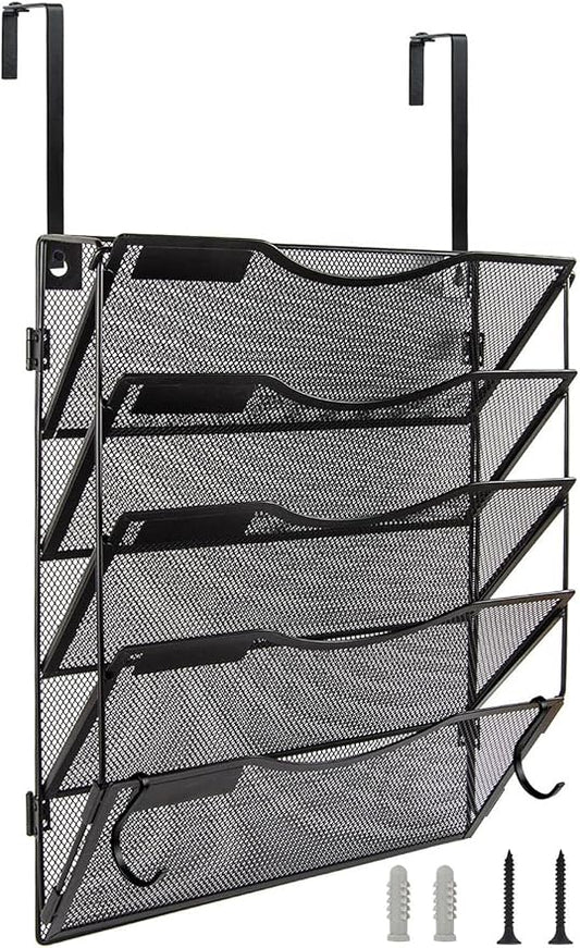 BOHDK Wall File Organizer 5 Pockets, Mail Organizer, Hanging Folder Holder, Foldable | Hanging or Wall Mounted | Label Panel | 2 Hooks | Office Home School Organizer, Black