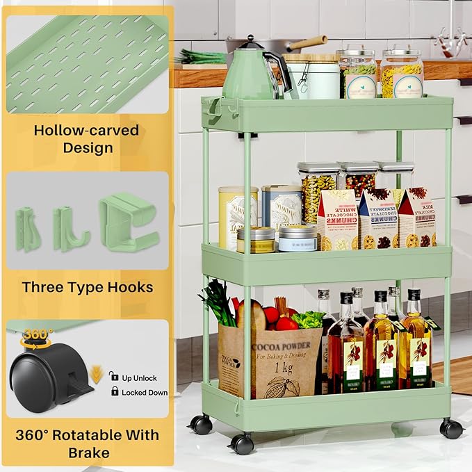 SPACEKEEPER 3 Tier Rolling Cart, Bathroom Cart Organizer with Wheels, Green | Mobile Storage Cart for Laundry Room Organization,Kitchen,Office,Bathroom, Utility Cart for Snack,Craft,Art,Makeup,Nail,Toys